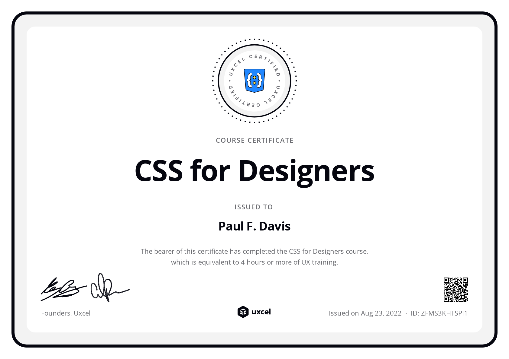 Paul F. Davis's certificate